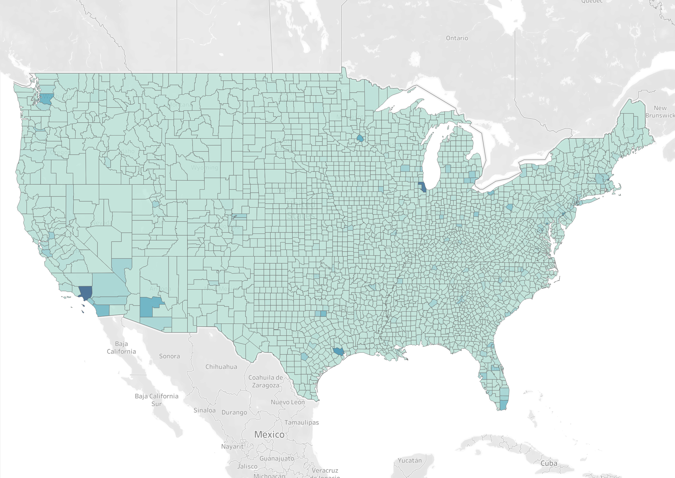 Development preview of the CCI Specialty Atlas: county-level choropleth map of the contiguous United States